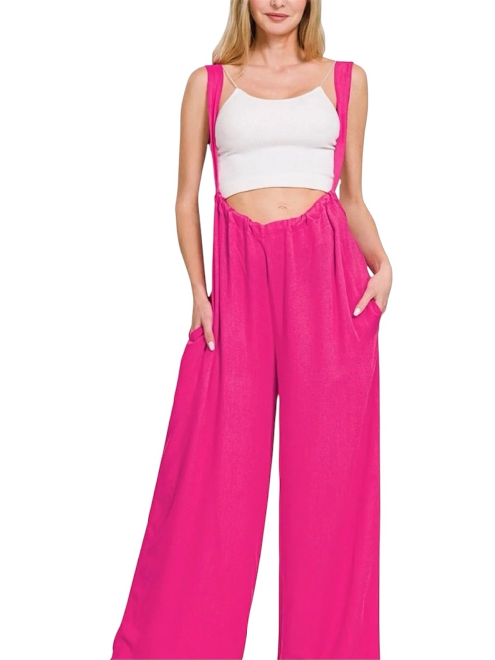 Zenana Hot Pink Wide-Leg Suspender Jumpsuit Overalls NWT Sizes S, M, L